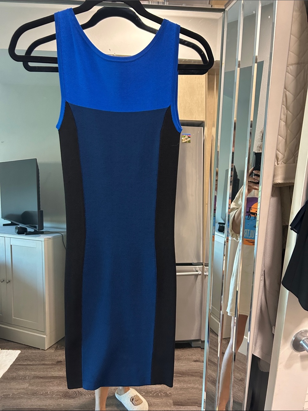 Halston Heritage Blue and Black Sleeveless Sheath Dress